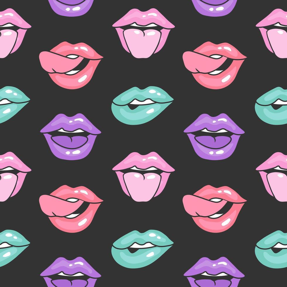 Seamless pattern, female lips. Vintage illustration of women's mouths in different emotions for prints. Retro background vector