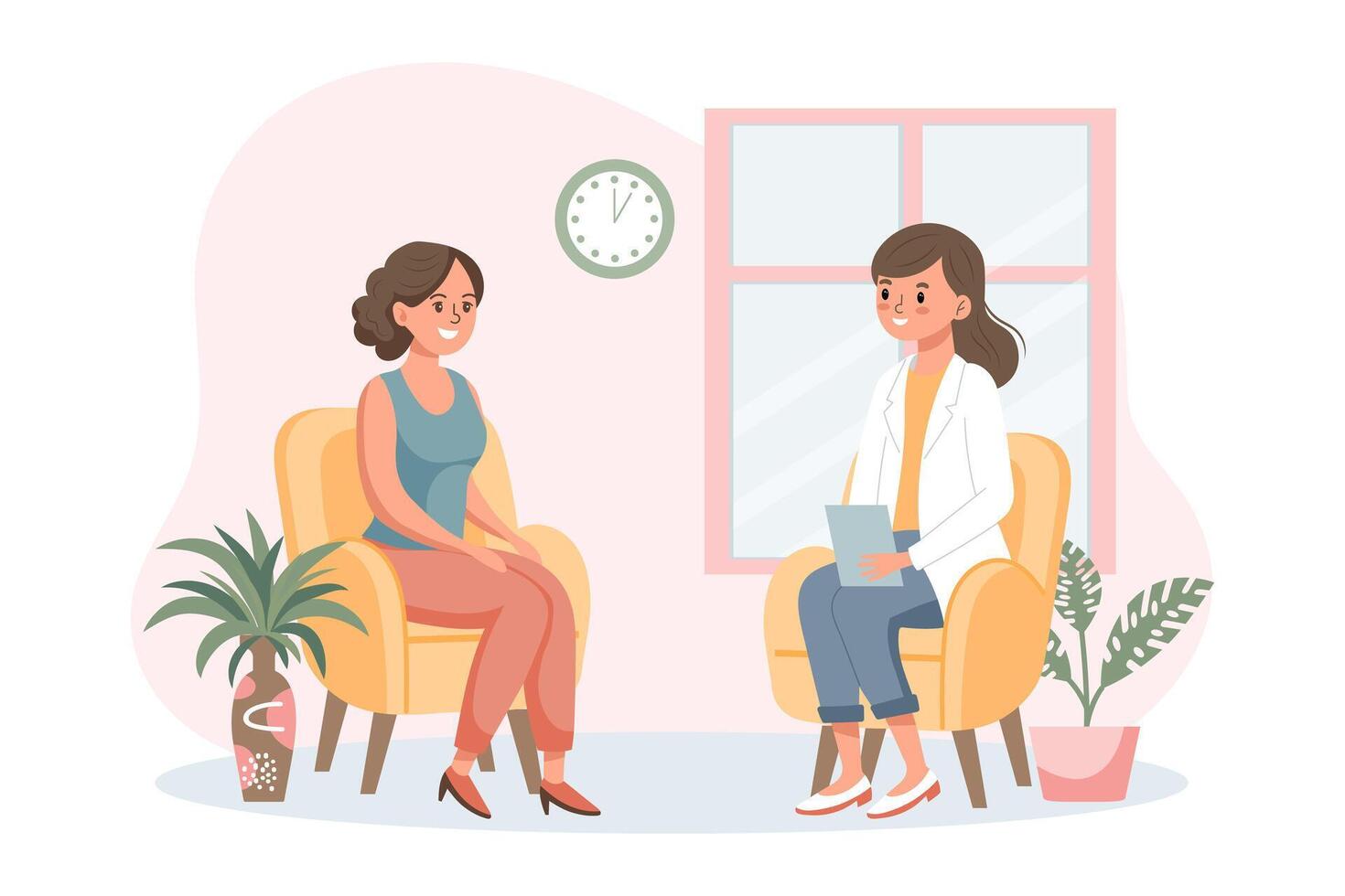 Psychotherapy online, a woman talking to a psychologist on the screen. Mental health banner or landing page template. Illustration, vector