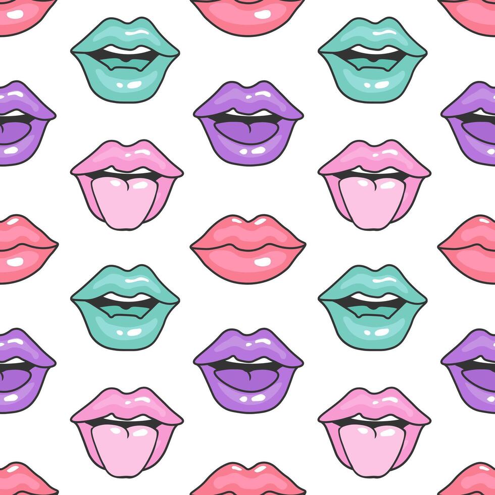 Seamless pattern, female lips. Vintage illustration of women's mouths in different emotions for prints. Retro background vector