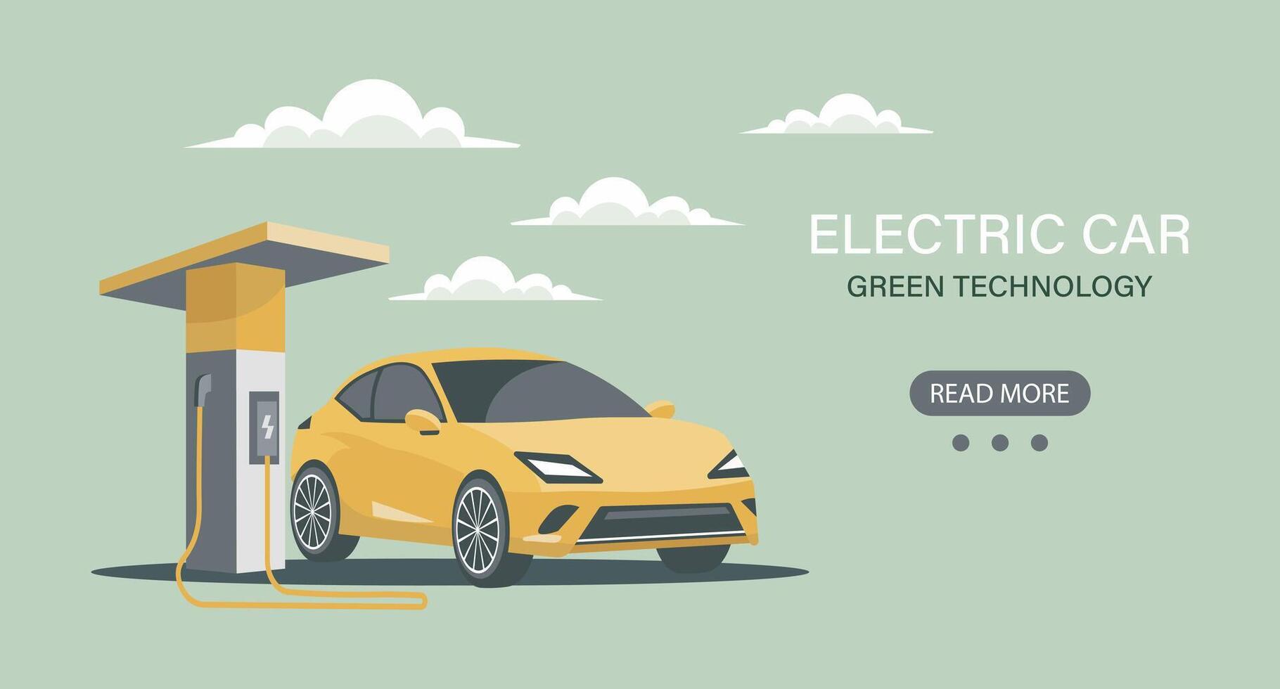 Modern electric car at a charging station. Green technology. Illustration, banner. Vector