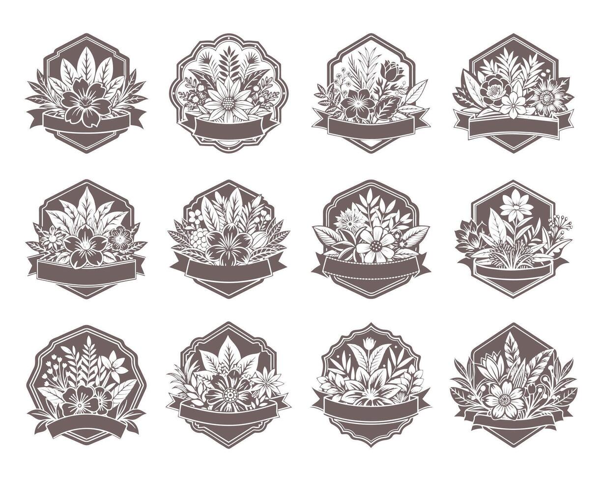 conjunto de dibujado a mano etiquetas con ramos de flores de flores sellos para saludo tarjetas un colección de plantillas para ninguna día festivo. vector
