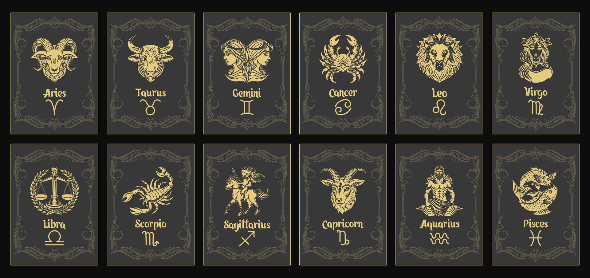 Set of astrology zodiac signs, mystical icons in vintage frames. Gold design. Esoteric symbols for logo or icons. Vector