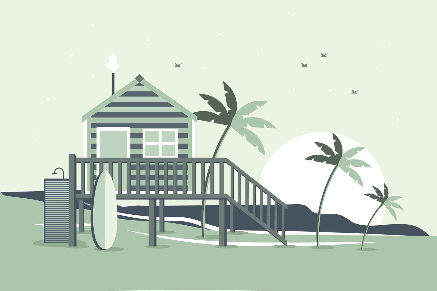 Seascape. Surf house with palm trees on the seashore. Summer illustration, banner. Vector