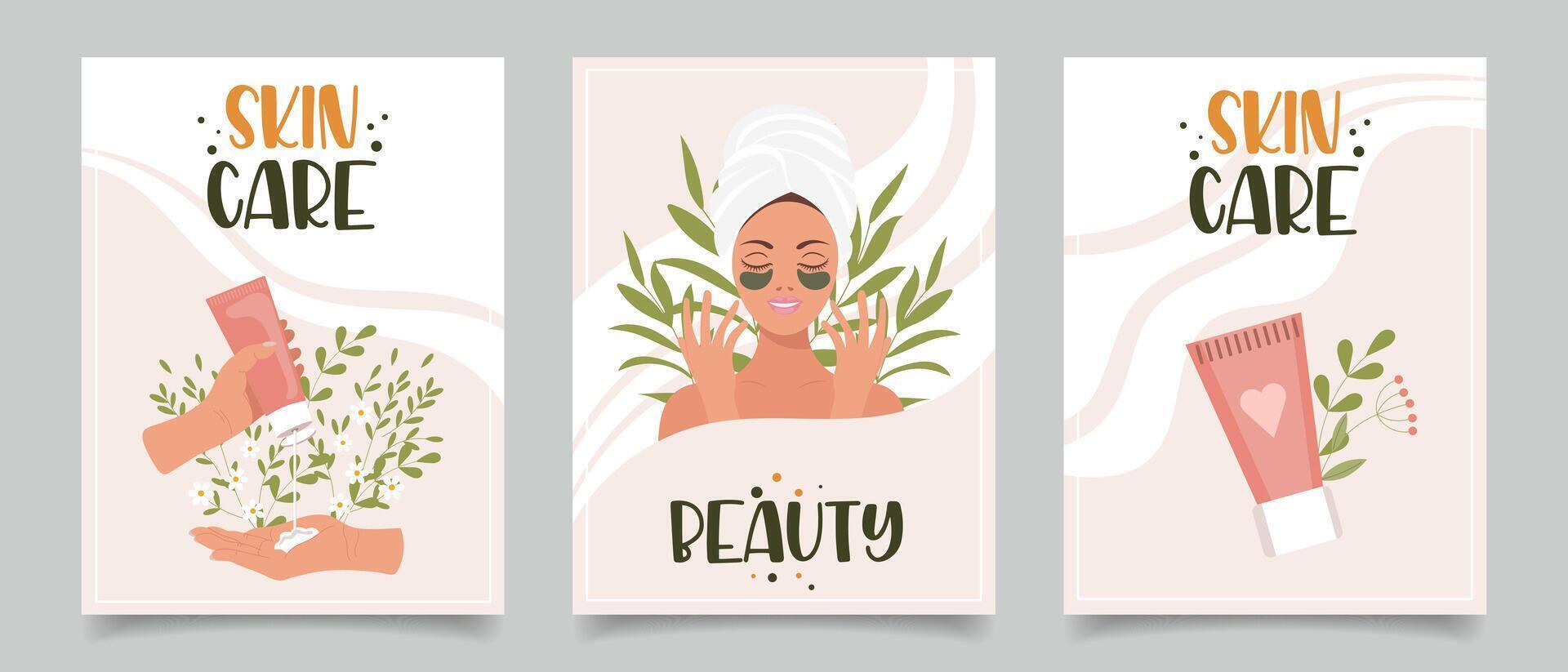 Set of flyers with woman, cosmetics, beauty products. Beauty, skin care, cosmetics, shower concept. Illustration for banner, card, advertising, poster. Vector