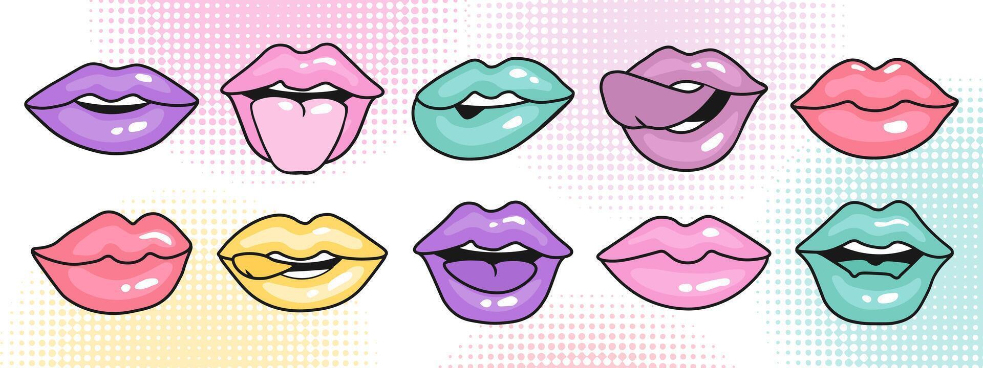 conjunto de hembra labios. Clásico ilustración de hembra bocas en diferente emociones para pegatinas, logotipos, huellas dactilares. vector