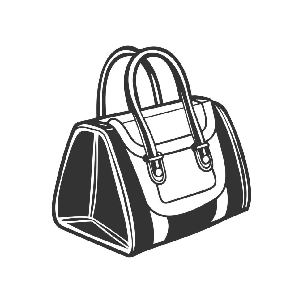 Hand drawn women's bag with handles. Travel bag. Black and white silhouette. vector