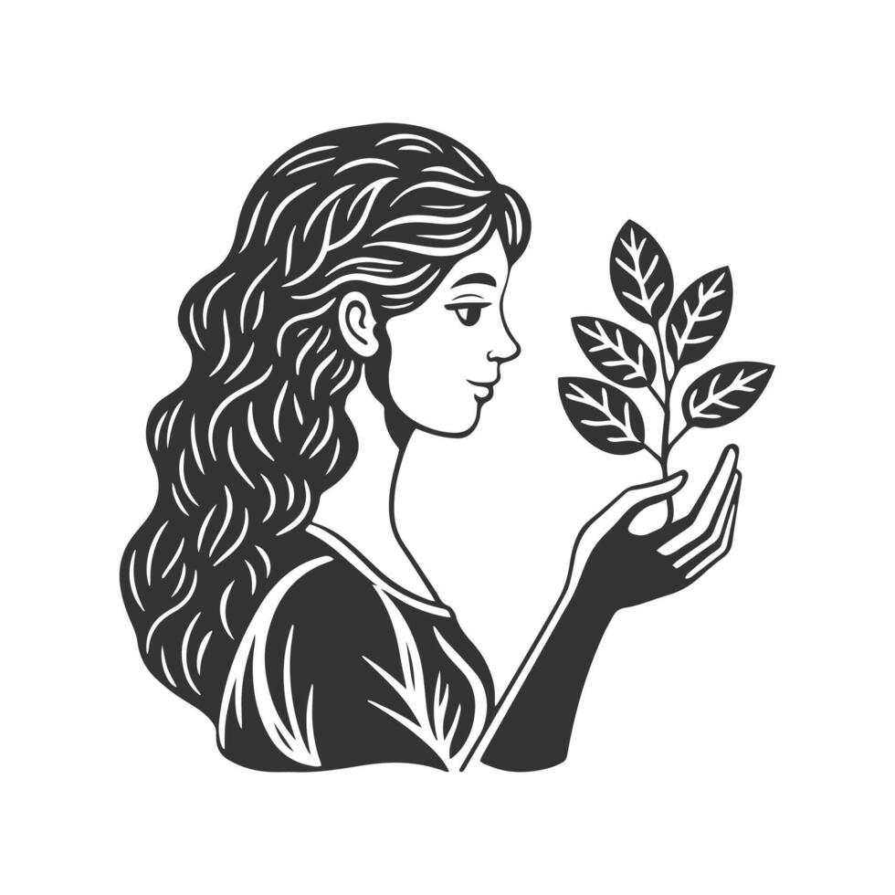 Woman holding growing tree, mental health, self care or gardening. Black and white silhouette illustration vector