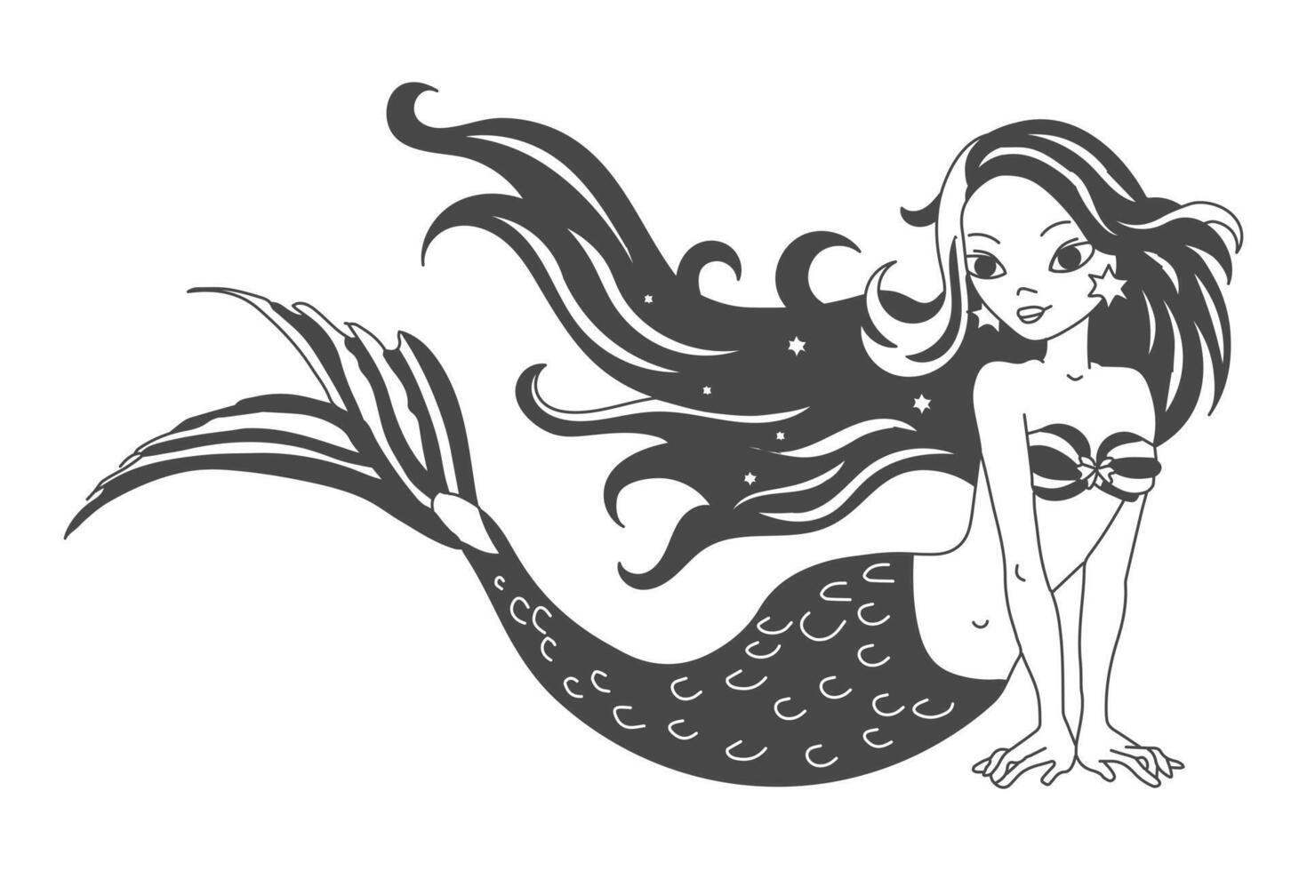 Magic mermaid girl, black and white design. Sketch for children's coloring. Illustration vector