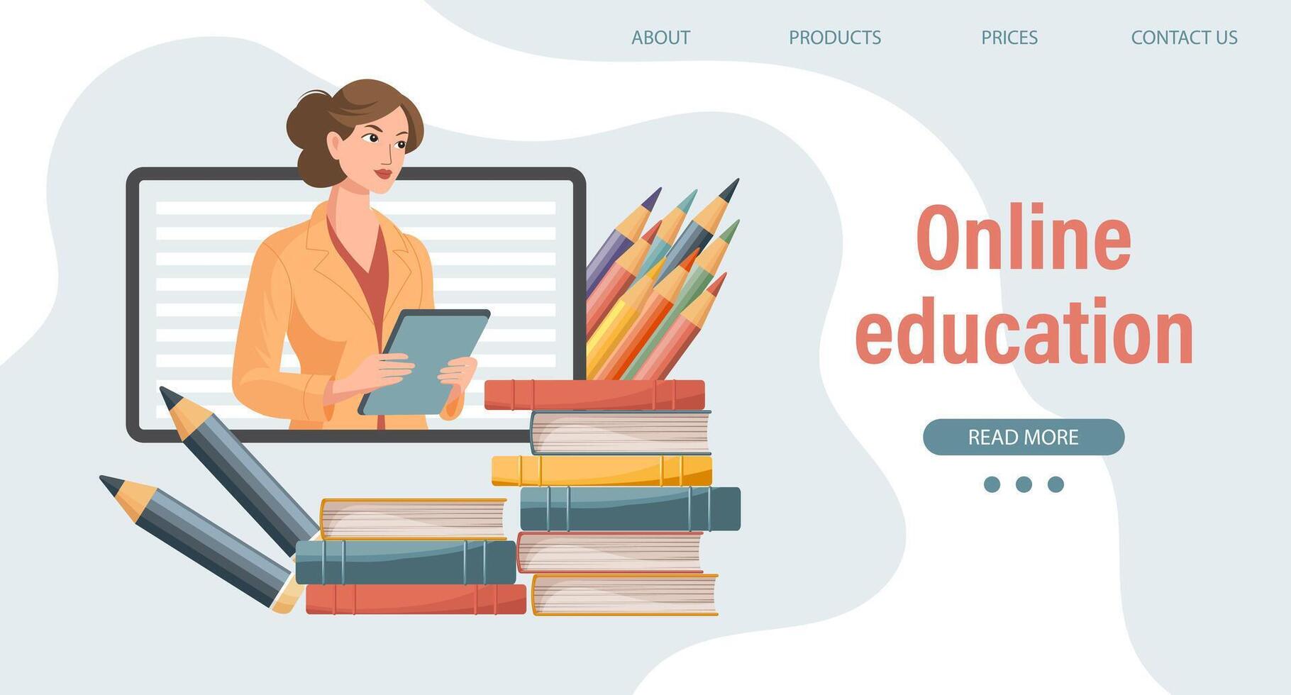 Online education or business training. A teacher, a computer mentor and a bunch of books and pencils. Illustration, template for landing page. Vector