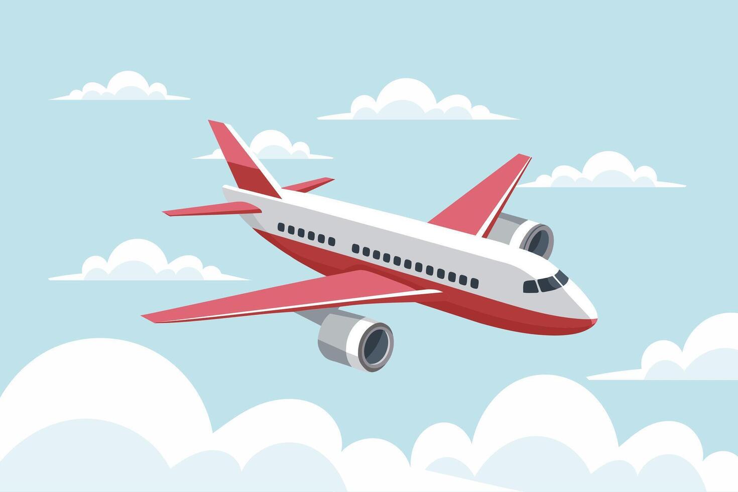 The plane flies in the sky between the clouds. Time for travel and vacation. Illustration, vector
