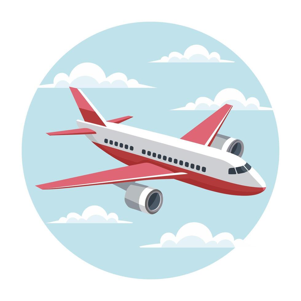 The plane flies in the sky between the clouds. Time for travel and vacation. Illustration, vector