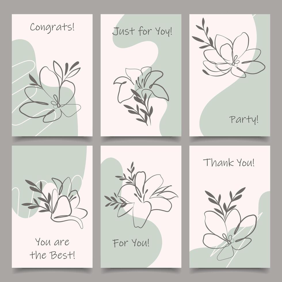 Set of invitation or greeting card template with contour flowers and leaves. Anniversary, birthday, wedding, party, poster set. Vector