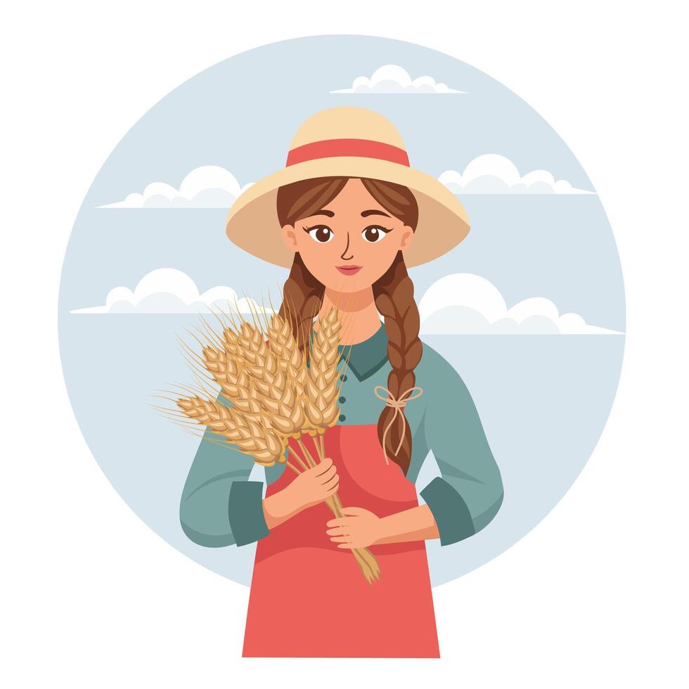 agricultura y agricultura, cosecha. granjero hembra personaje participación recién cosechado trigo. ilustración. vector
