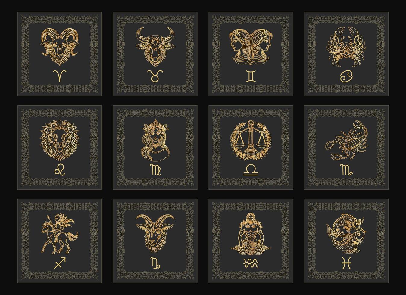 conjunto de astrología zodíaco señales, místico íconos en Clásico marcos oro diseño. esotérico símbolos para logo o iconos vector