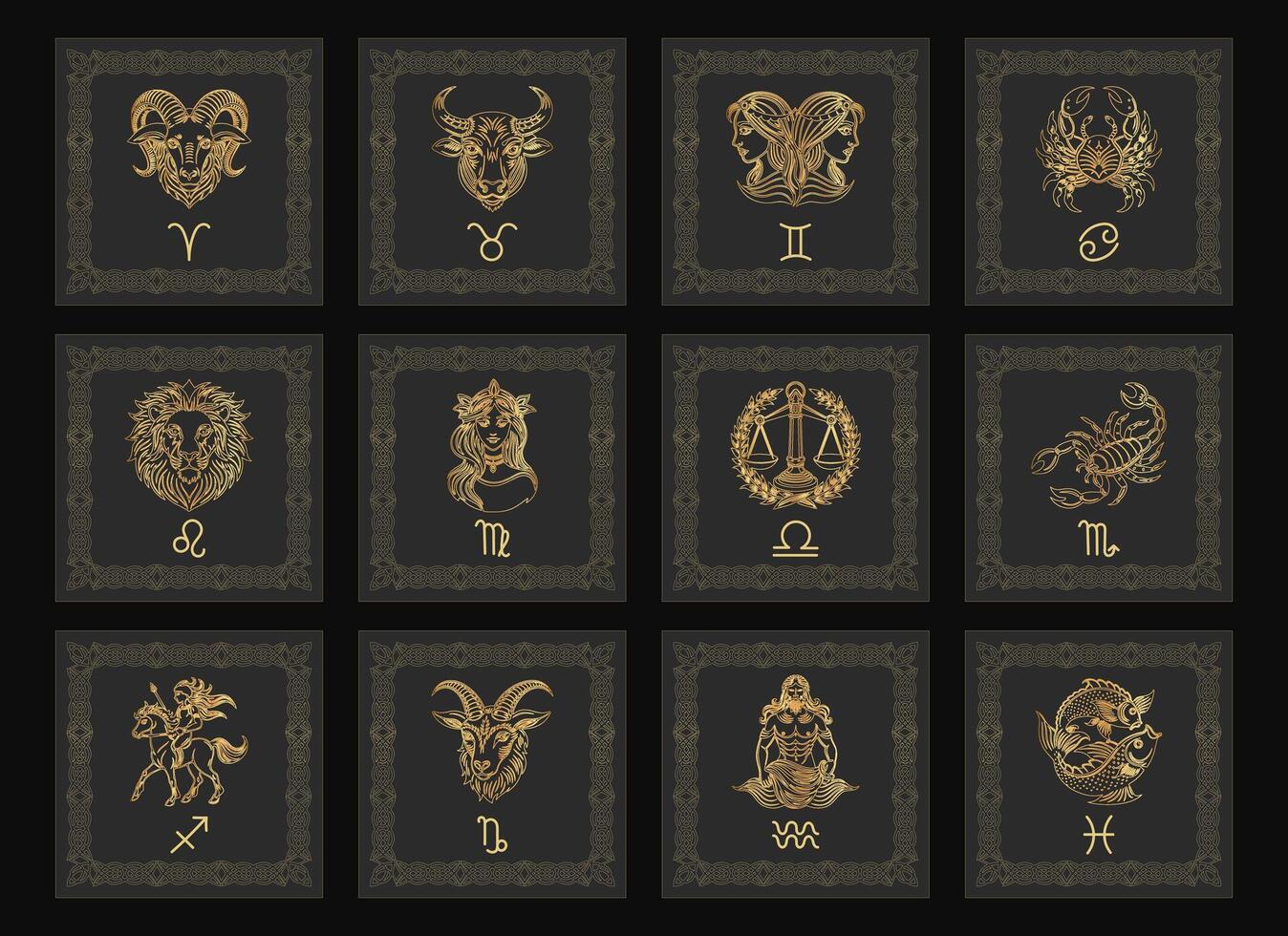 Set of astrology zodiac signs, mystical icons in vintage frames. Gold design. Esoteric symbols for logo or icons. Vector