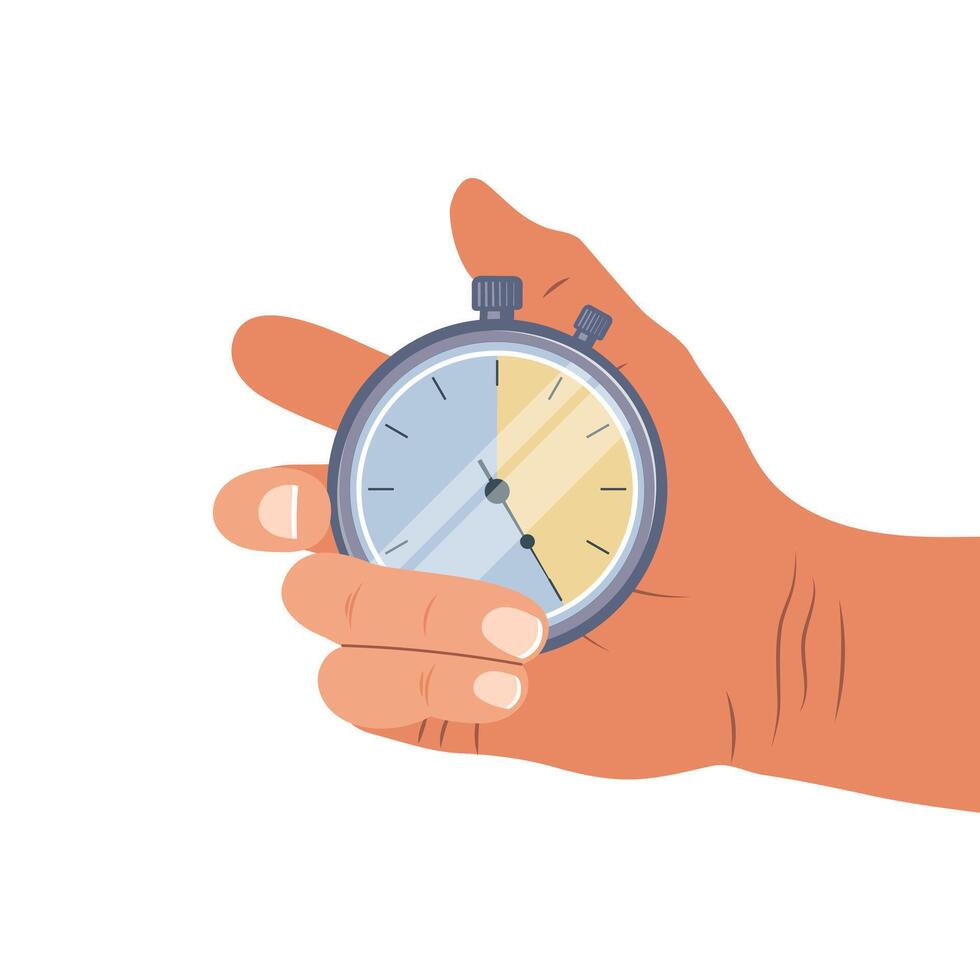 Illustration of a stopwatch in a hand. Flat illustration of sport, stopwatch icon. Vector