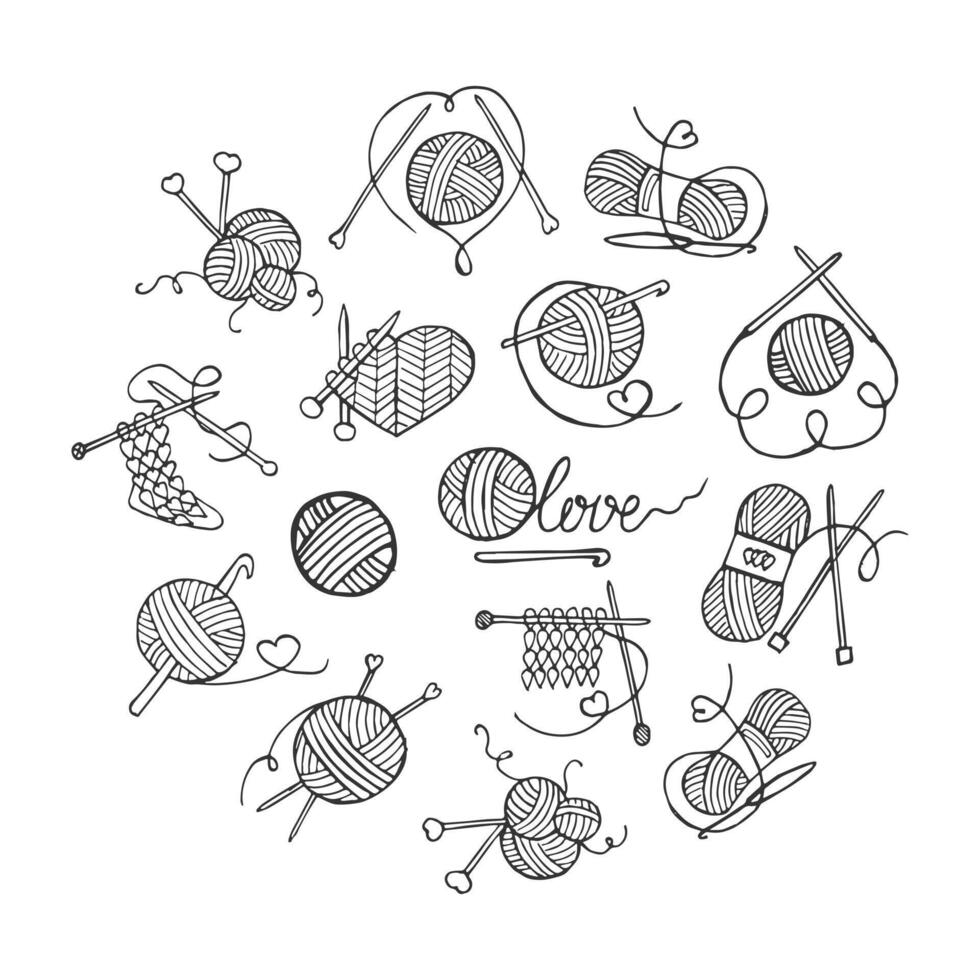 Knitting icons set, balls of yarn, skeins, knitting needles and hook. Sketch, design elements, vector