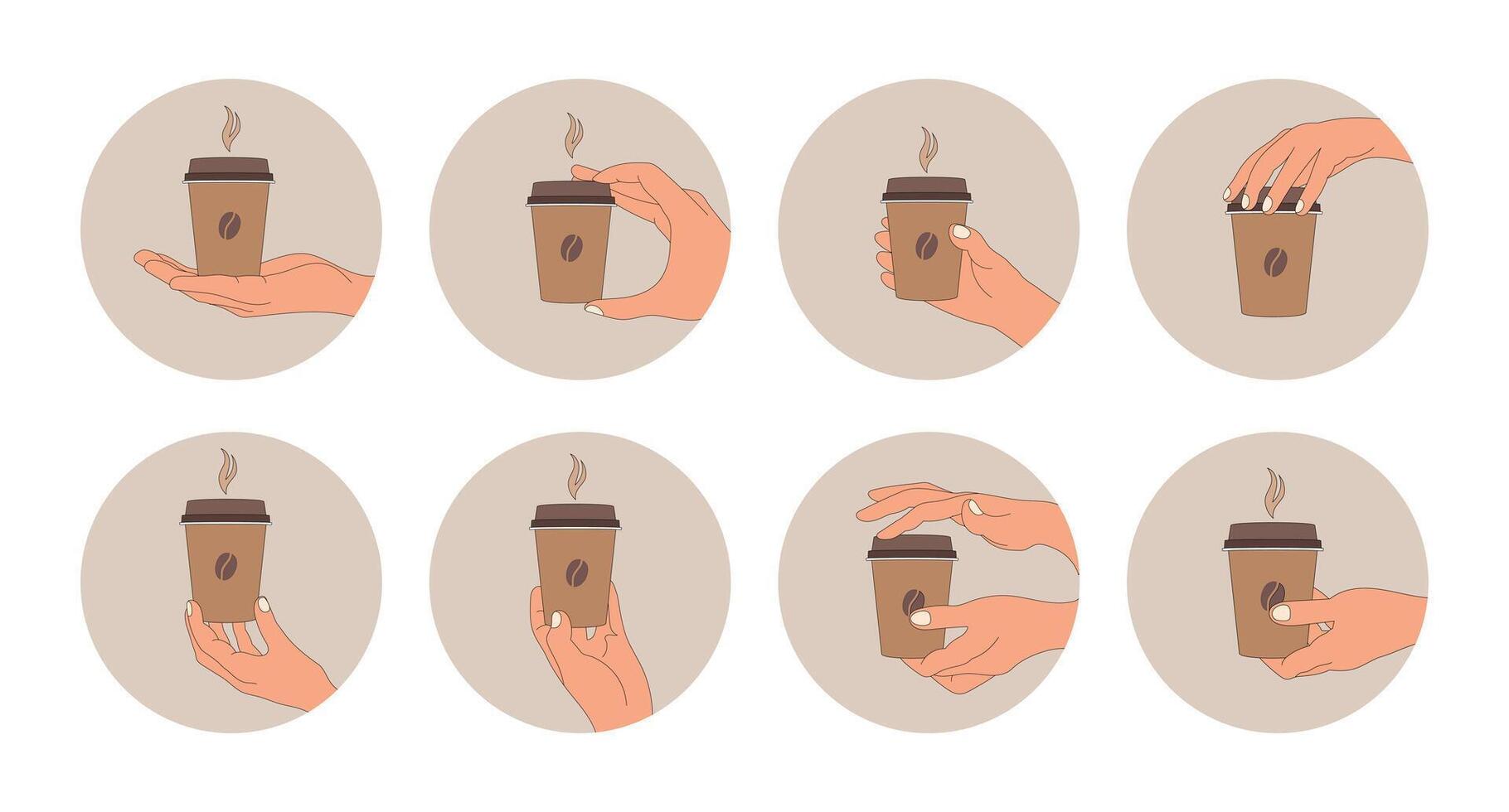 Coffee icons set, hand gestures with a glass of coffee. Design elements, icons, templates, vector