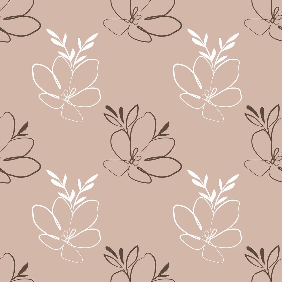 Seamless pattern, line art of contour flowers on a beige background. Background, textile, vector