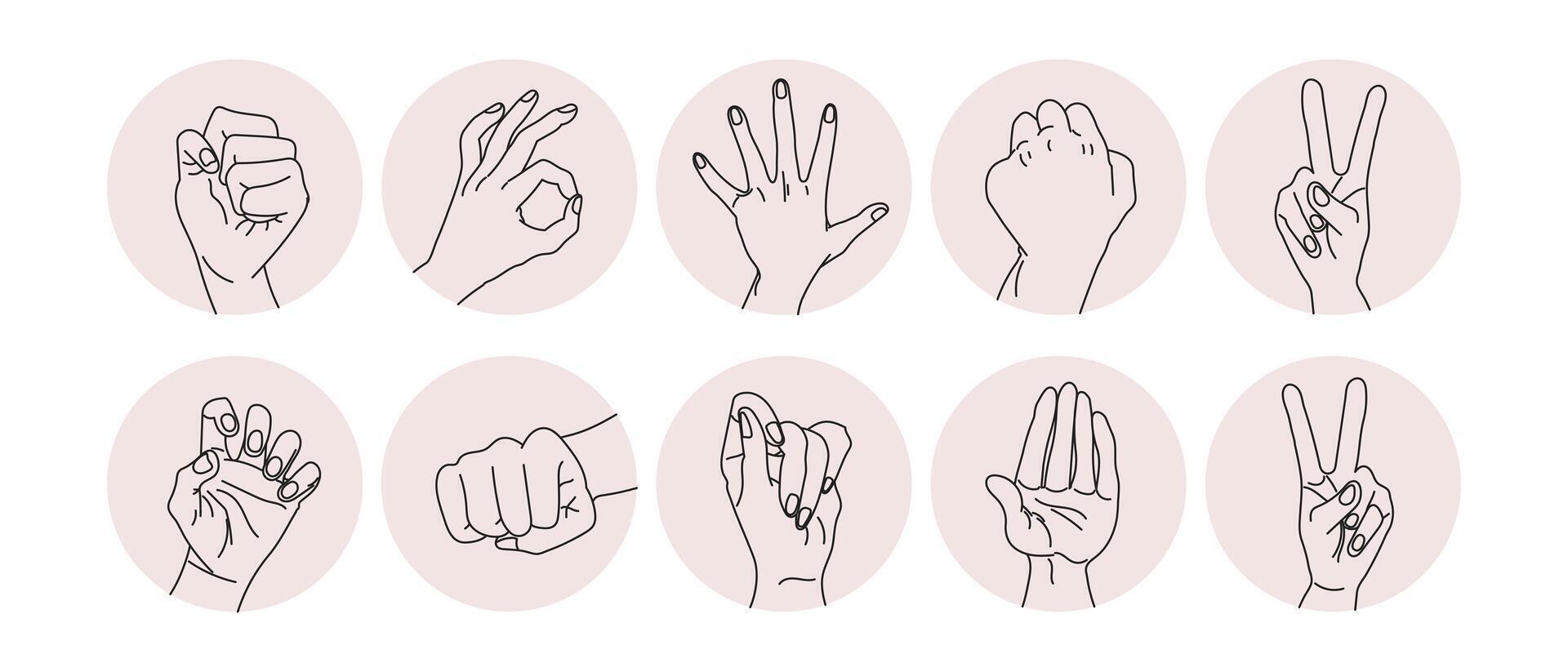 Line art, different hand gestures. Design elements, icons, templates, vector