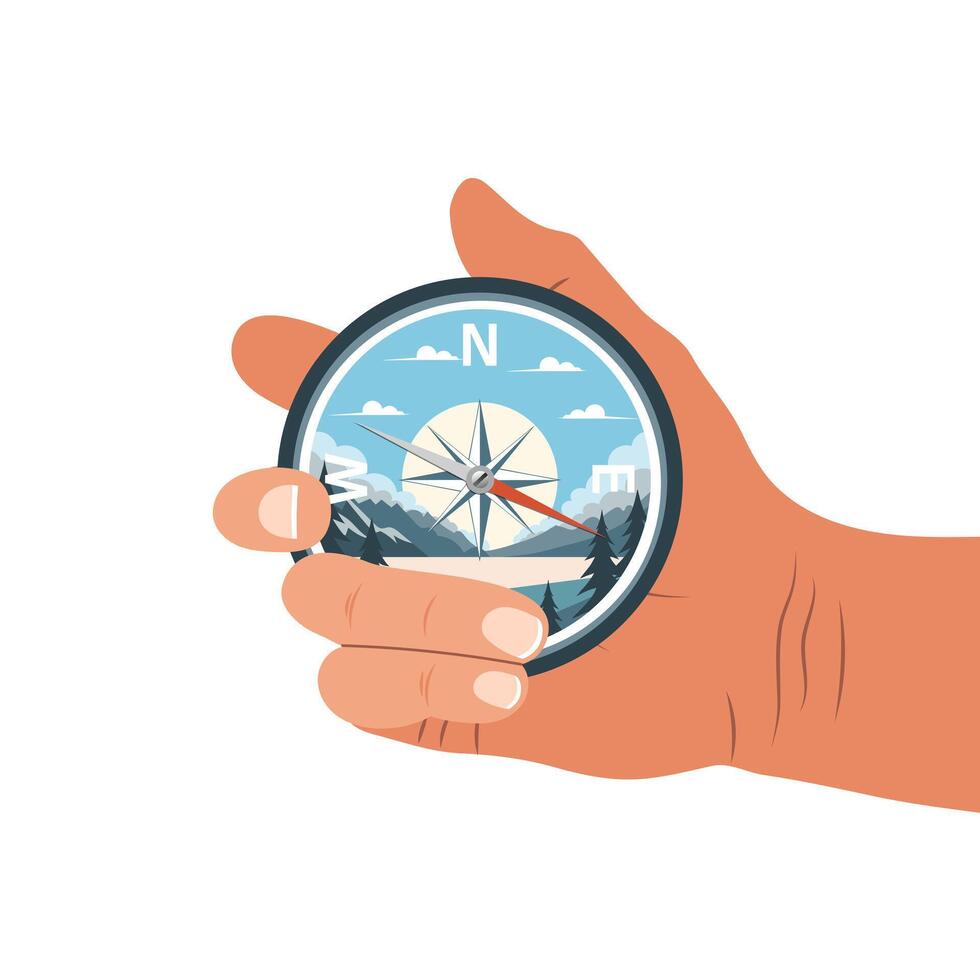 Illustration of a compass in a hand. Compass icon with landscape nature. Vector