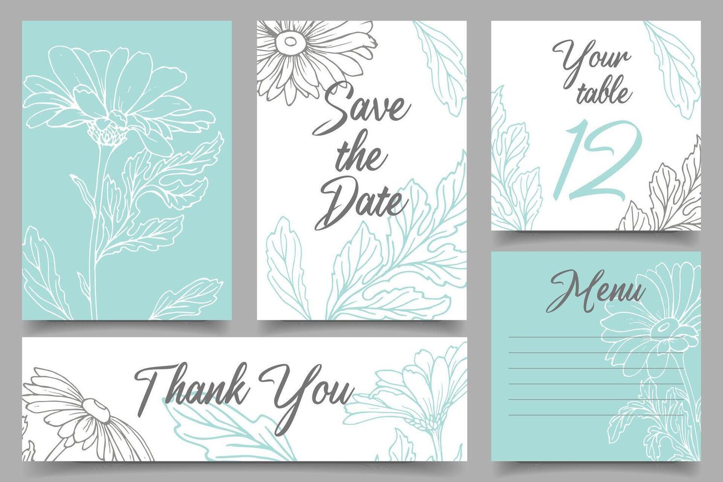 Rustic wedding invitation templates. Save the date. Thank you. Menu. your table. Calligraphy and hand drawn flowers line art. Vector