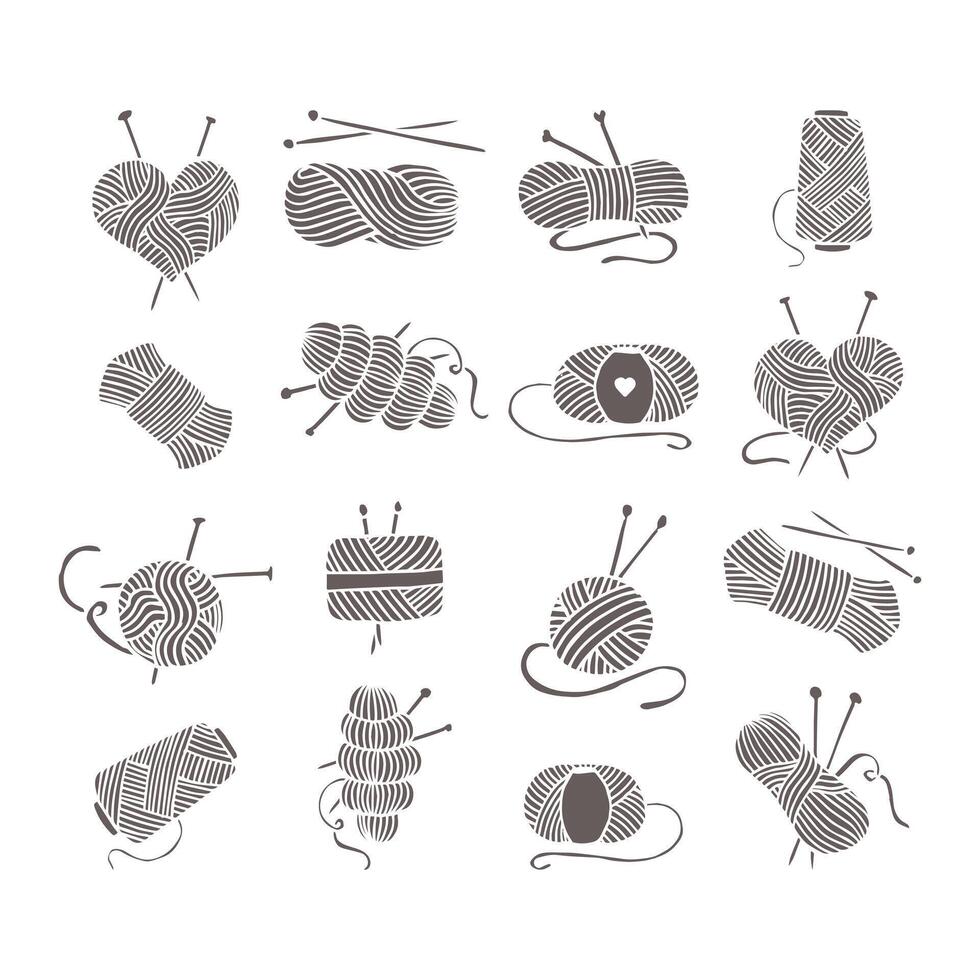 Knitting icons set, balls of yarn, skeins, knitting needles and hook. Sketch, design elements, vector