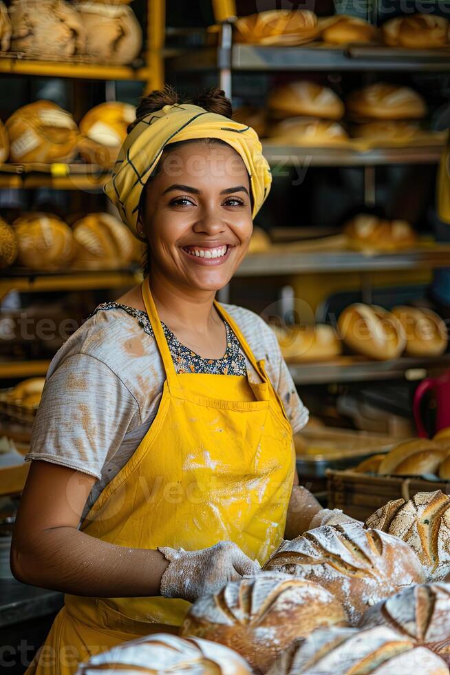 ai generado un panadero en un panadería, ella es horneando un pan con un sonrisa foto