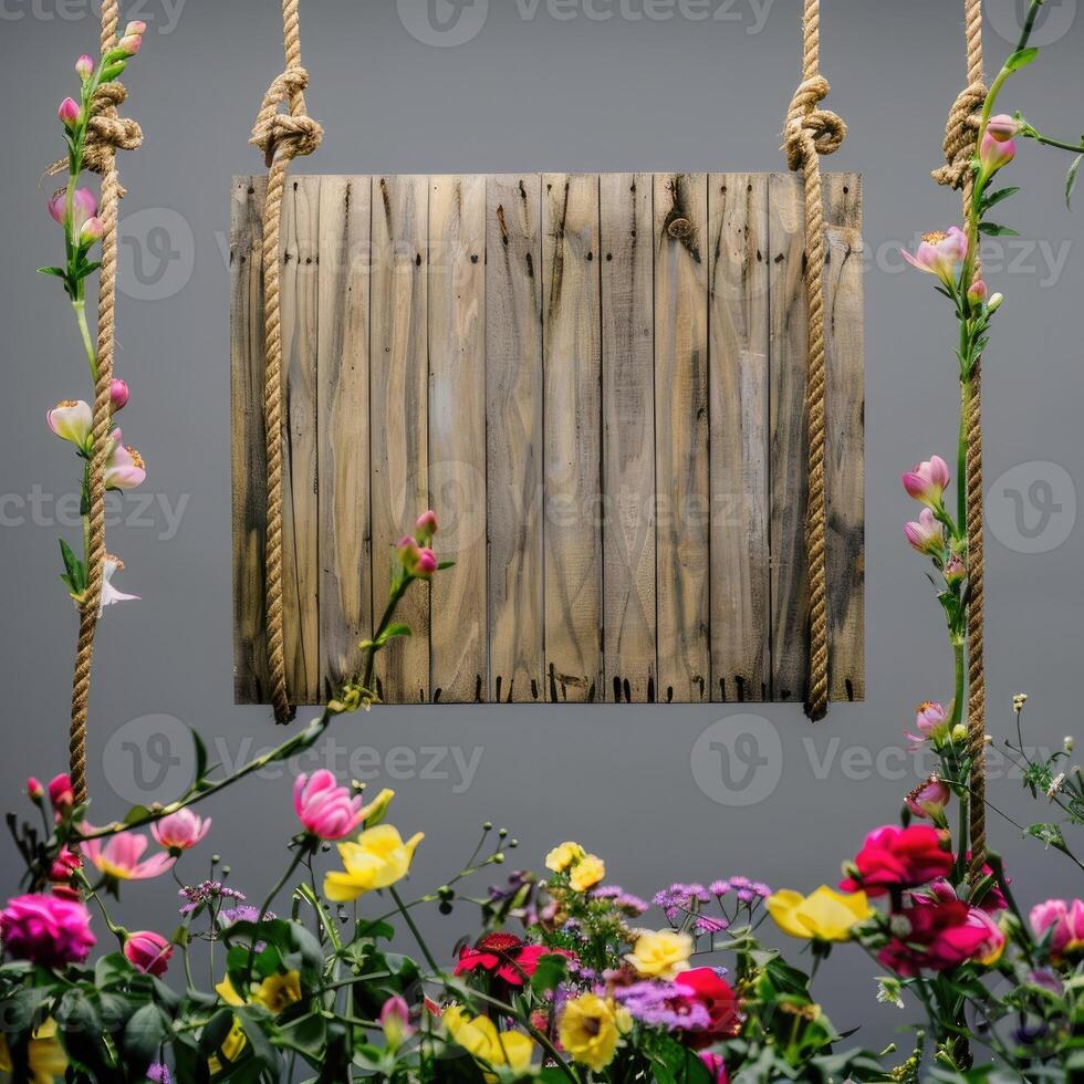 AI generated A handmade wooden sign hung by vine ropes and surrounded by colorful flowers photo