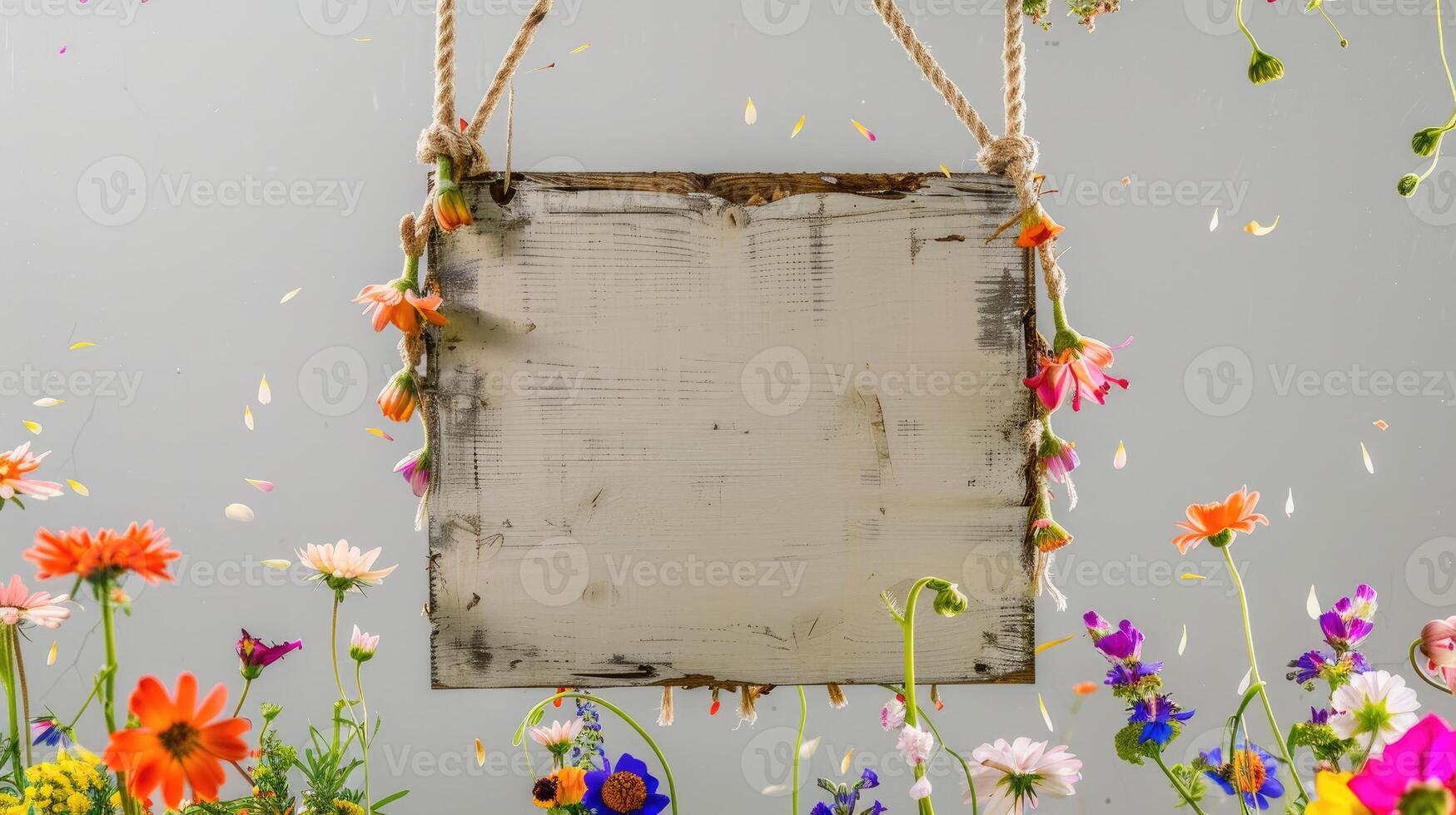 AI generated A handmade wooden sign hung by vine ropes and surrounded by colorful flowers photo