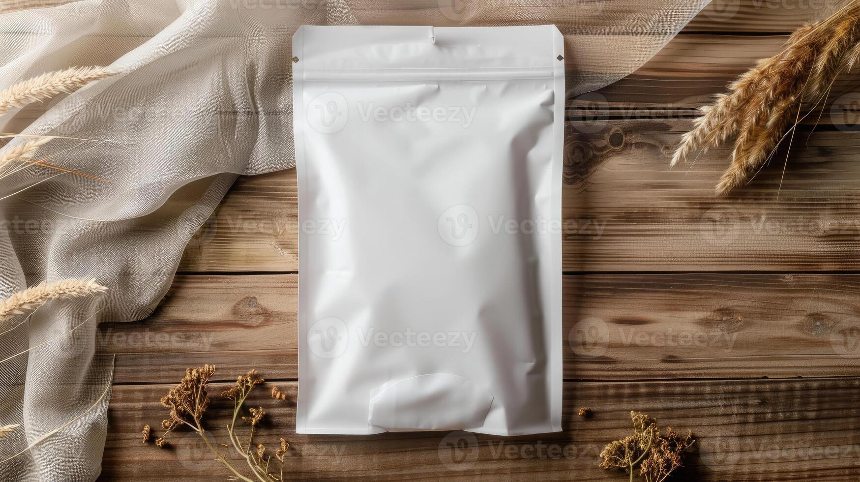 AI generated white packaging bag mockup, on a wooden table photo