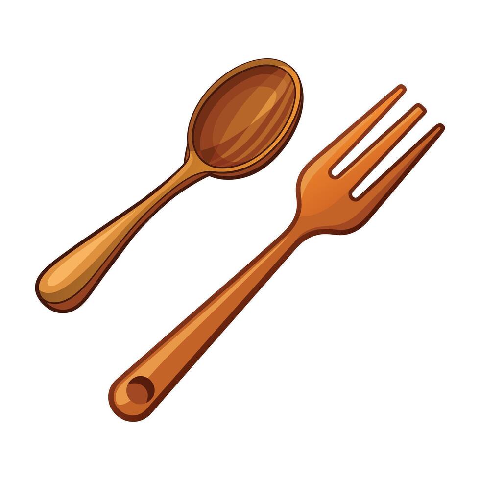 Vector of Wooden Spoon and Fork on White.
