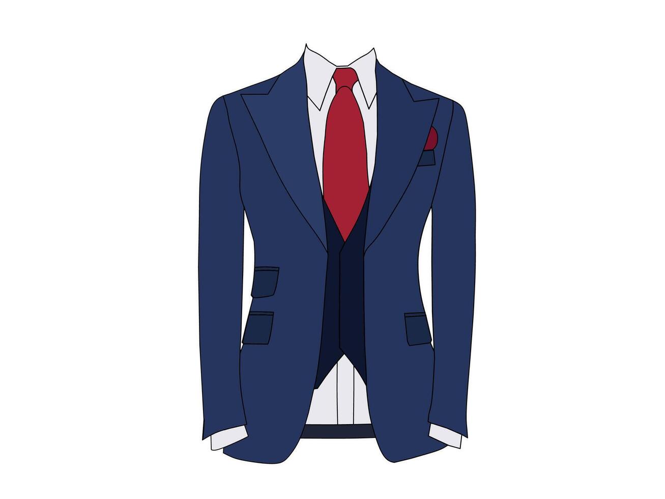 Men's Tuxedo suit vector with dark blue color and red tie.