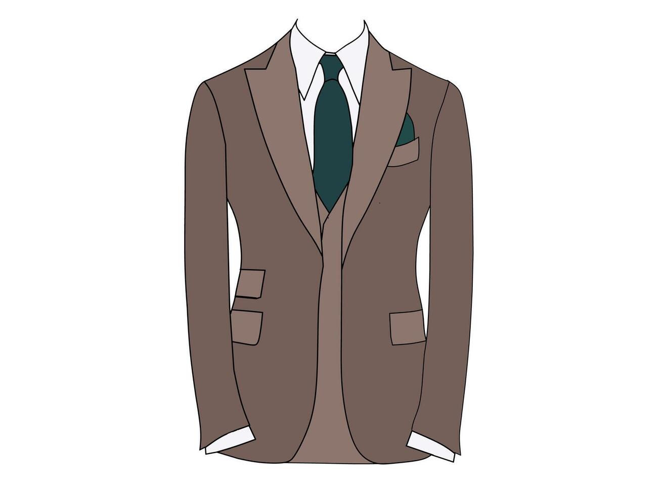 Vector illustration of brown tuxedo formal wear with green tie. Business background themed formal wear concept.