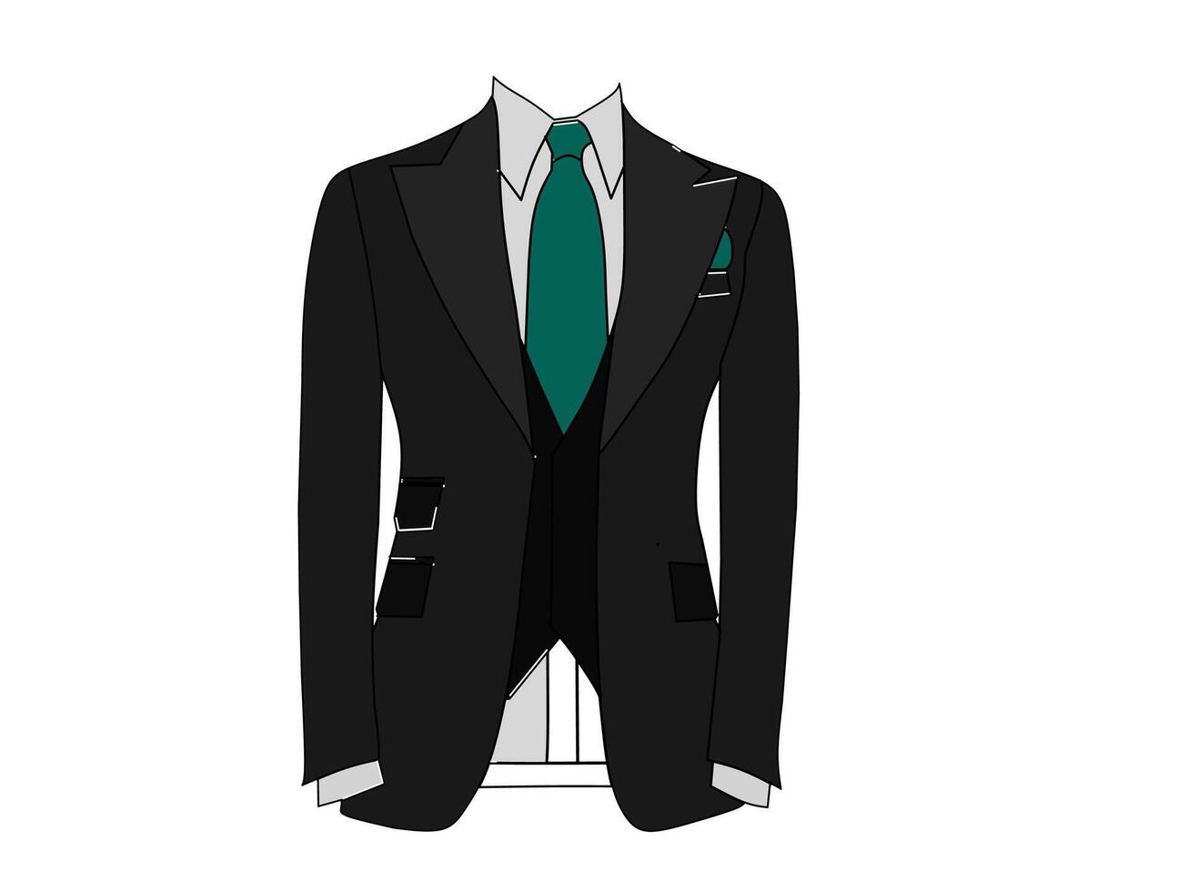 Vector illustration of black color tuxedo formal wear with green tie. Business background themed formal wear concept.