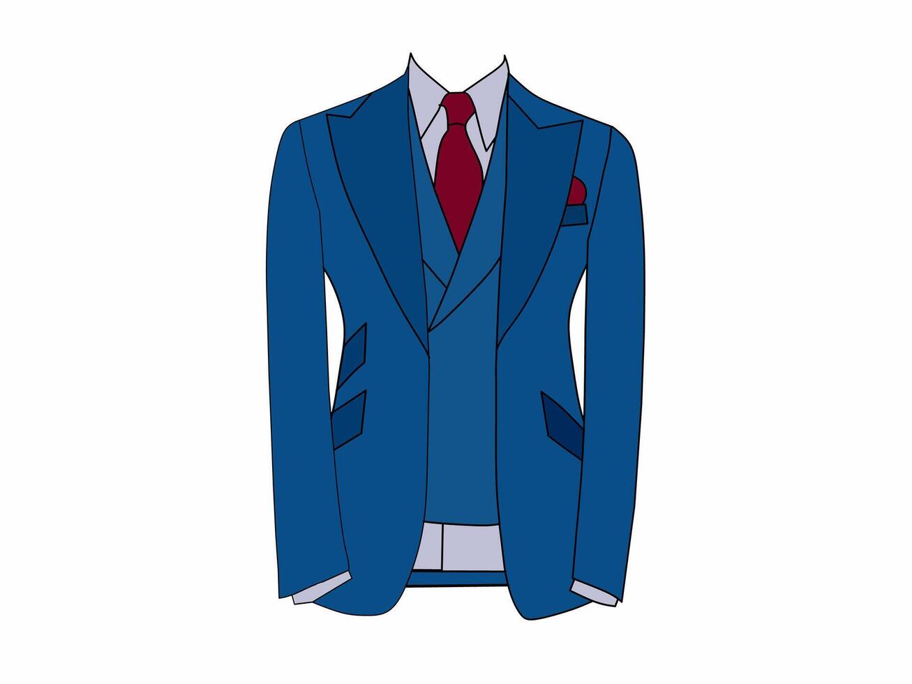 Vector illustration of dark blue men's tuxedo formal wear with red tie. Business themed formal wear illustration concept