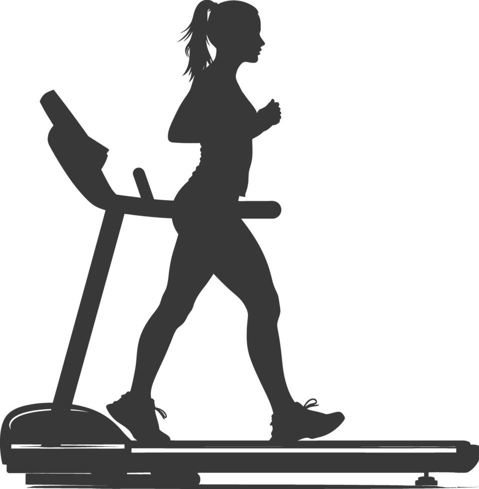 AI generated Silhouette woman using a treadmill full body black color only vector