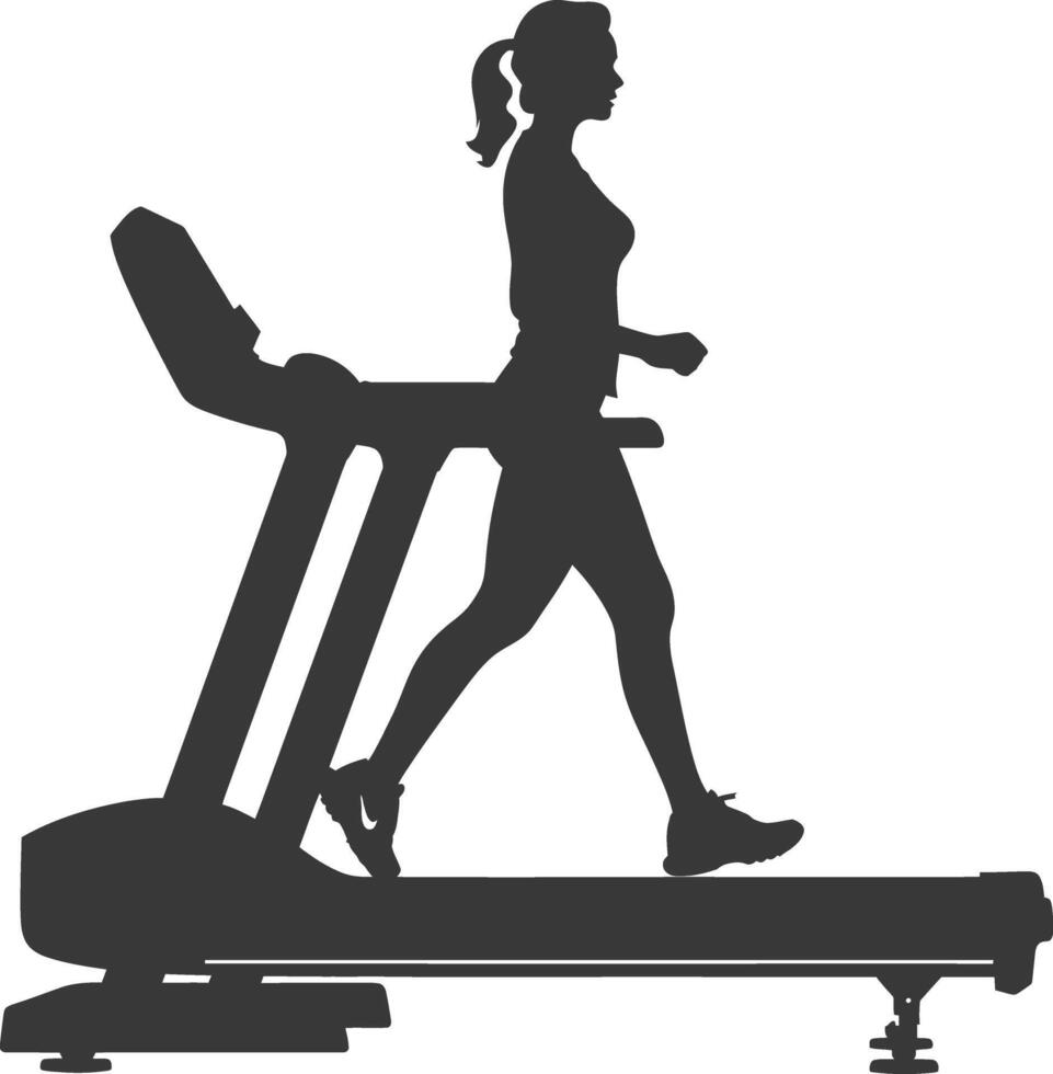 AI generated Silhouette woman using a treadmill full body black color only vector