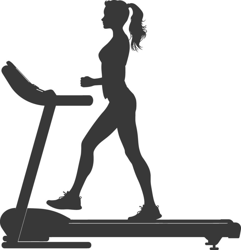 AI generated Silhouette woman using a treadmill full body black color only vector