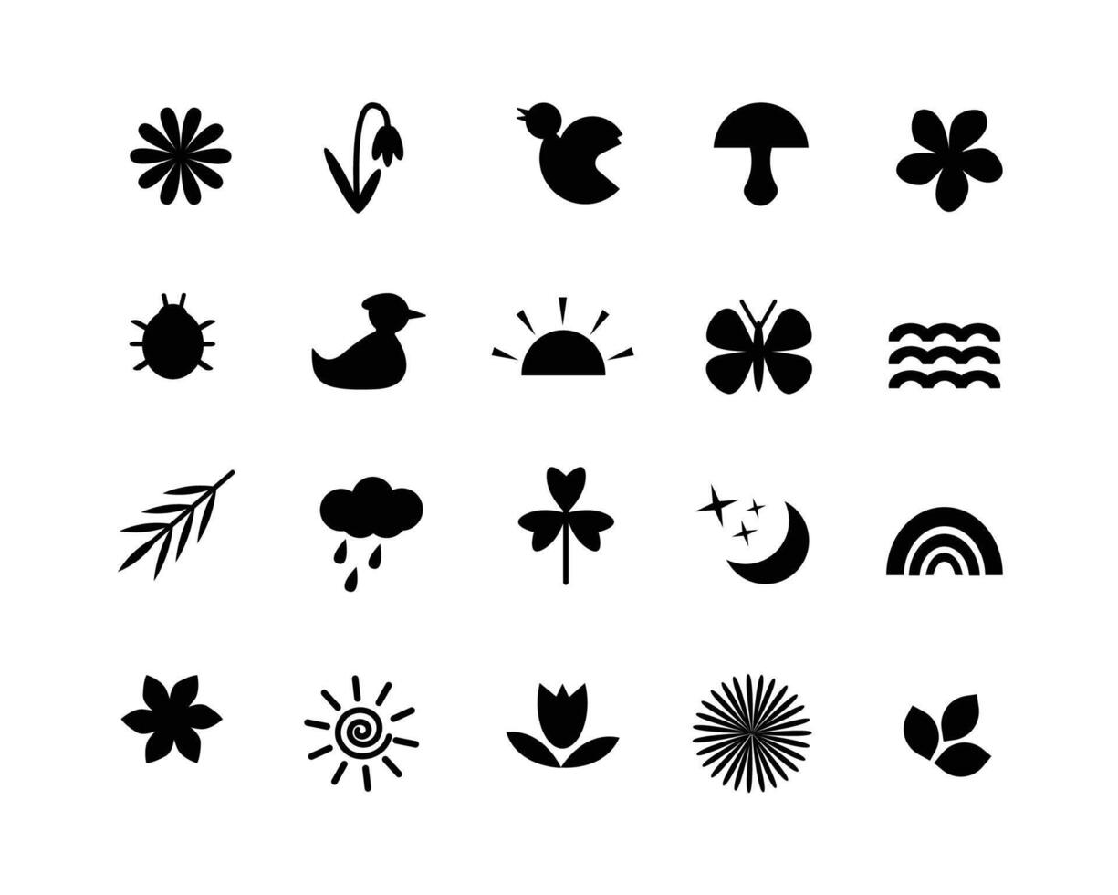 Springtime black glyph icons set vector