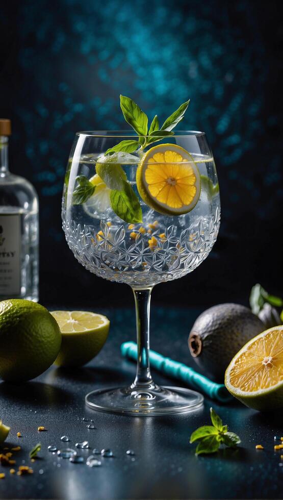 AI generated gin and tonic with lime and mint photo