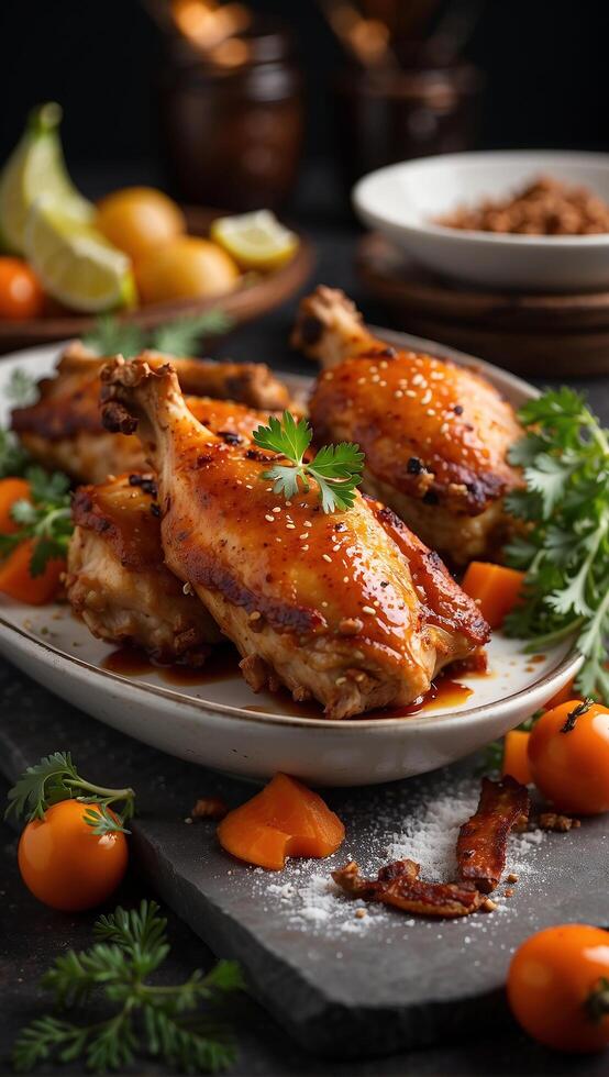 AI generated chicken legs with sauce and vegetables on a plate photo
