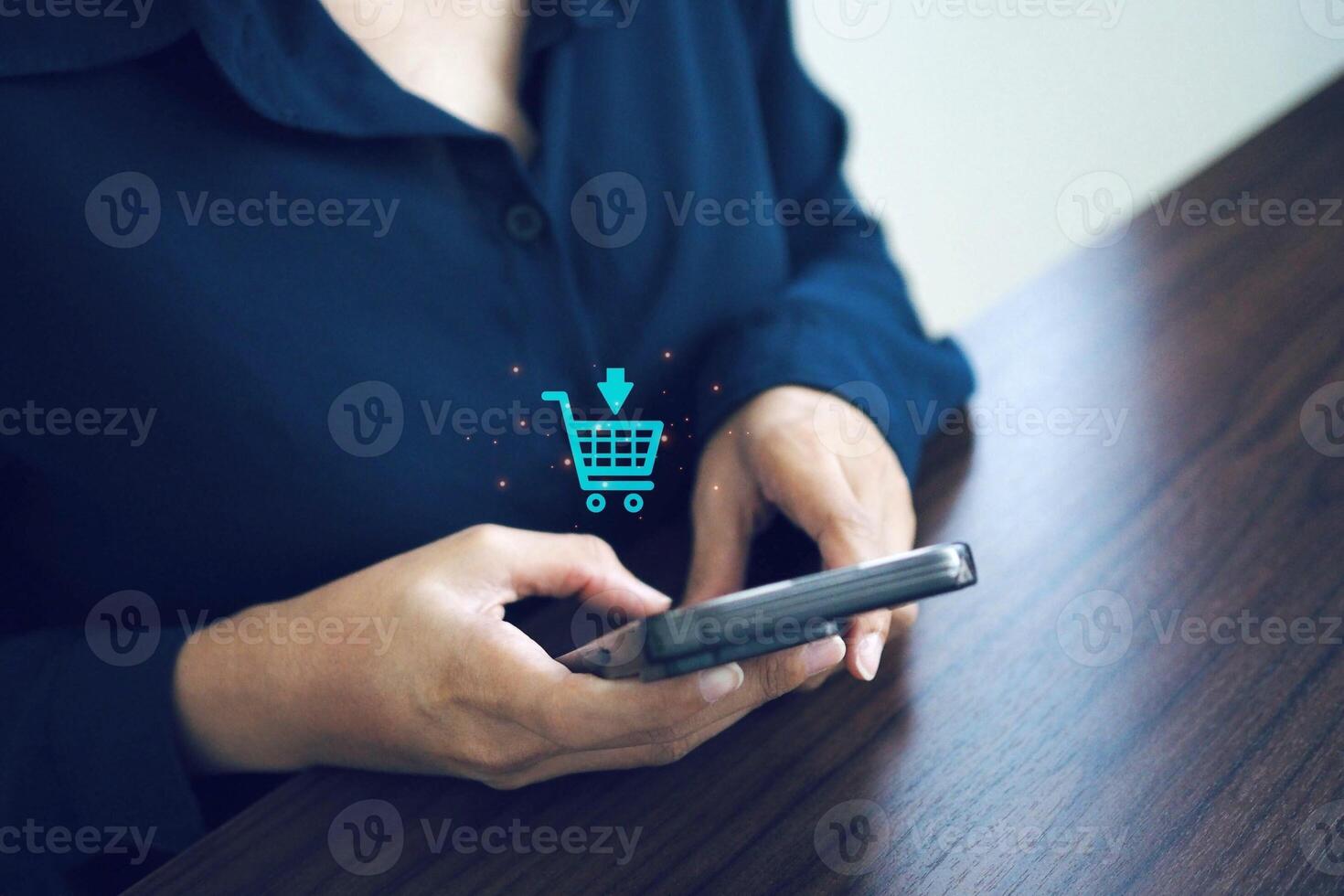 Online shopping, buying in online stores through mobile smartphone apps. photo