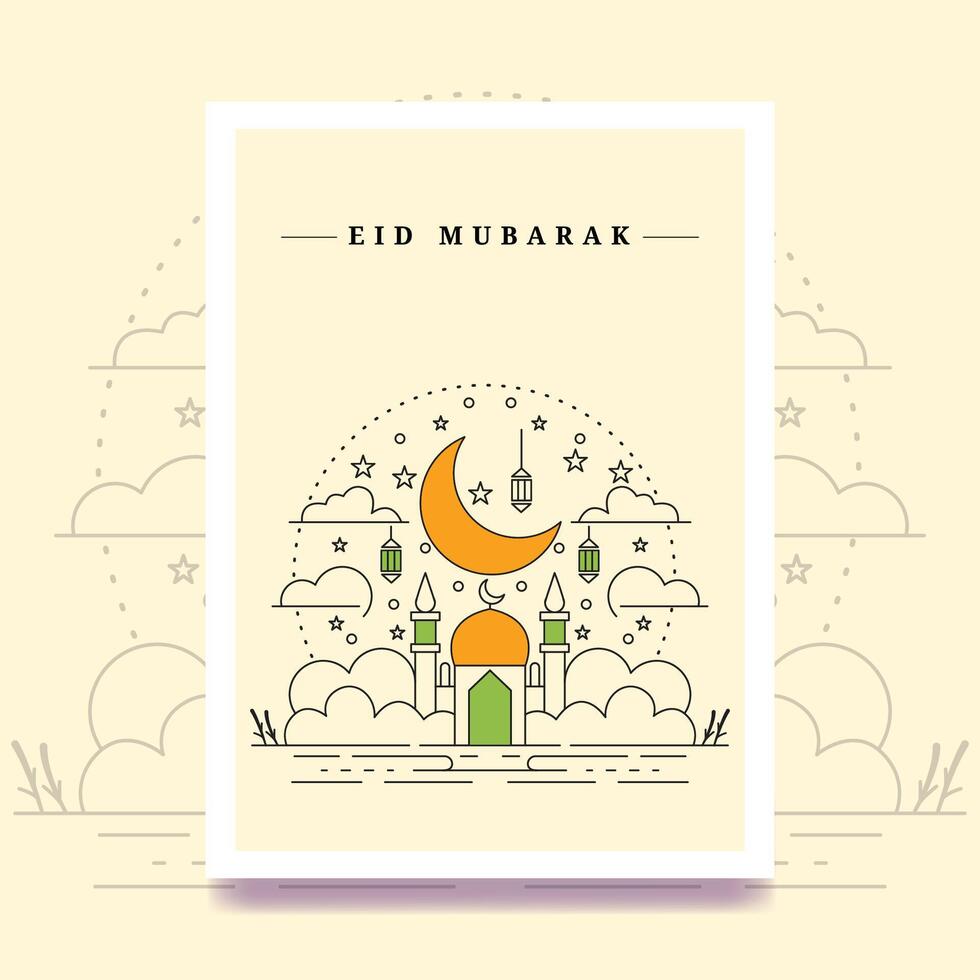 moderno eid Mubarak línea Arte modelo vector ilustración mezquita presente linterna saludo tarjeta antecedentes