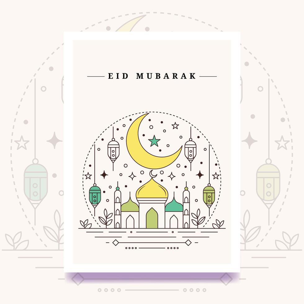 Modern Eid mubarak line art template vector illustration mosque crescent lantern greeting card background