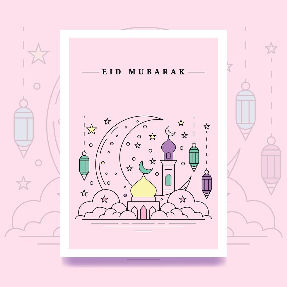 Modern Eid mubarak line art template vector illustration mosque crescent lantern greeting card background