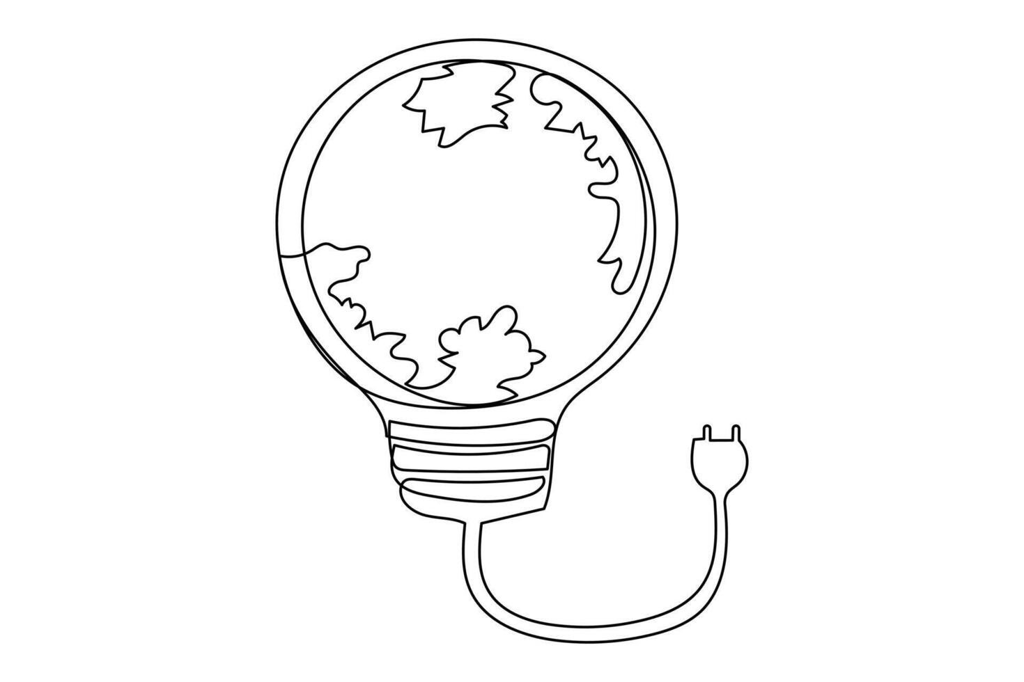 Continuous one line Earth globe inside lightbulb and earth hour outline vector art illustration. Vector Concept of Eco innovation