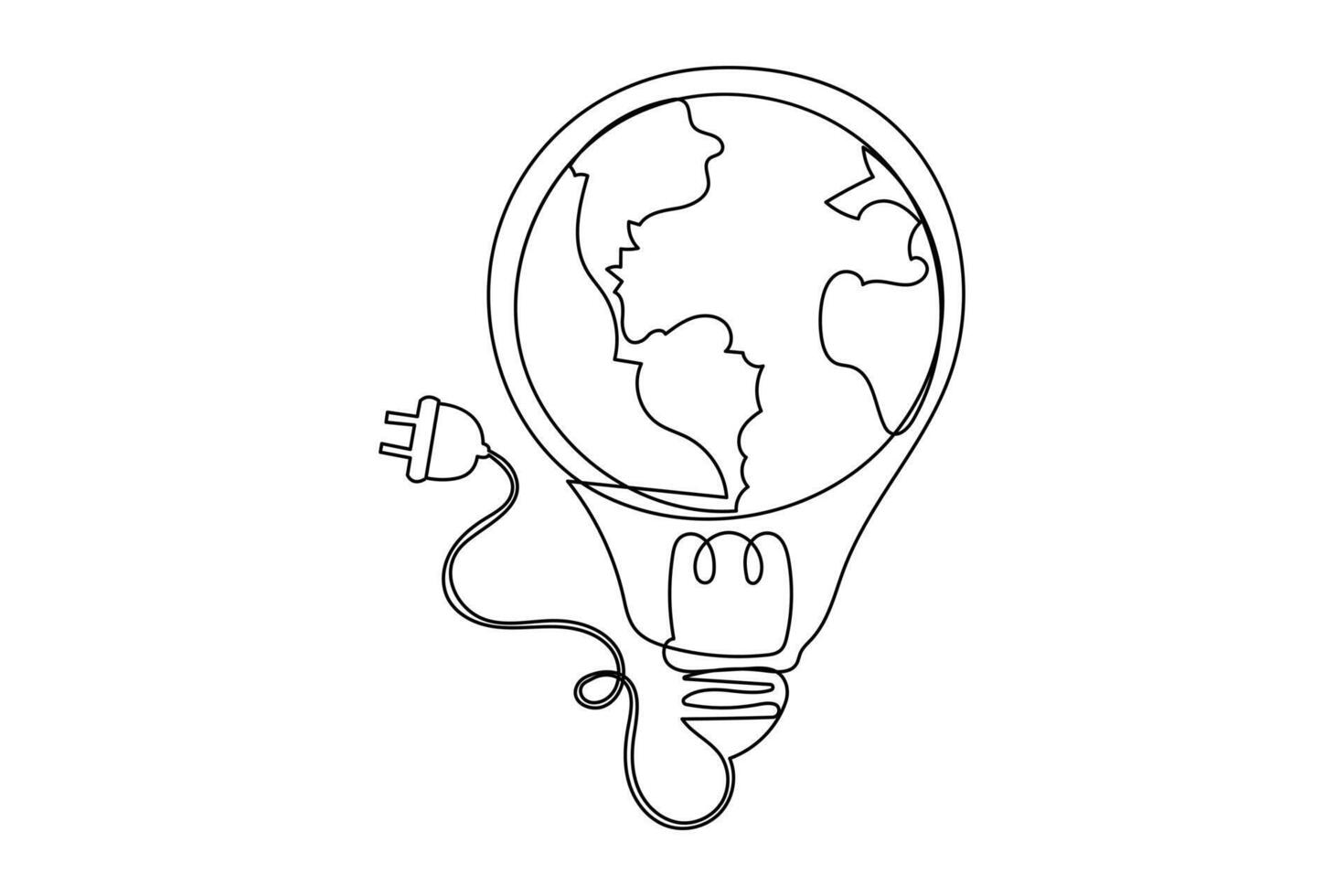 Continuous one line Earth globe inside lightbulb and earth hour outline vector art illustration. Vector Concept of Eco innovation