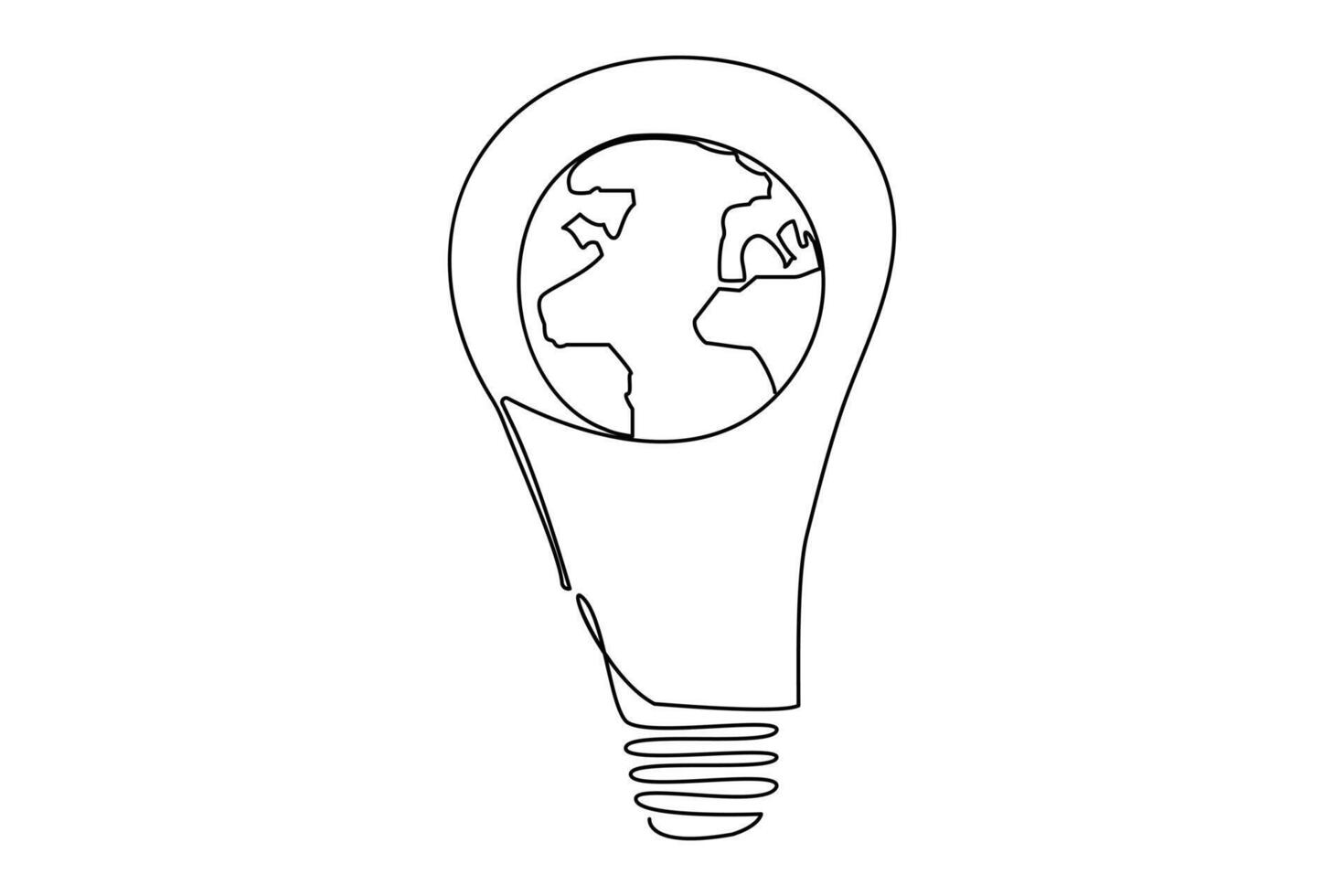 Continuous one line Earth globe inside lightbulb and earth hour outline vector art illustration. Vector Concept of Eco innovation