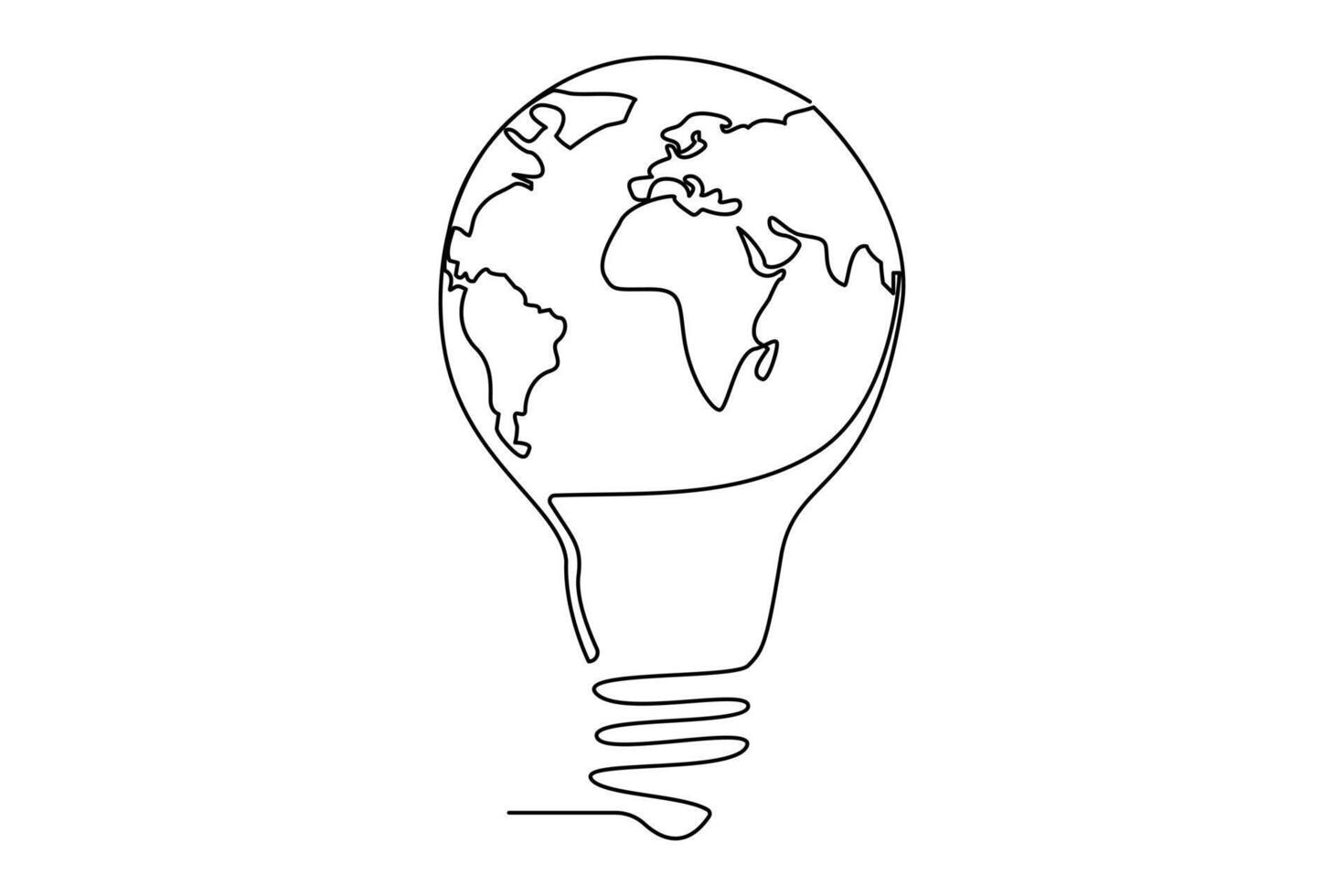 Continuous one line Earth globe inside lightbulb and earth hour outline vector art illustration. Vector Concept of Eco innovation